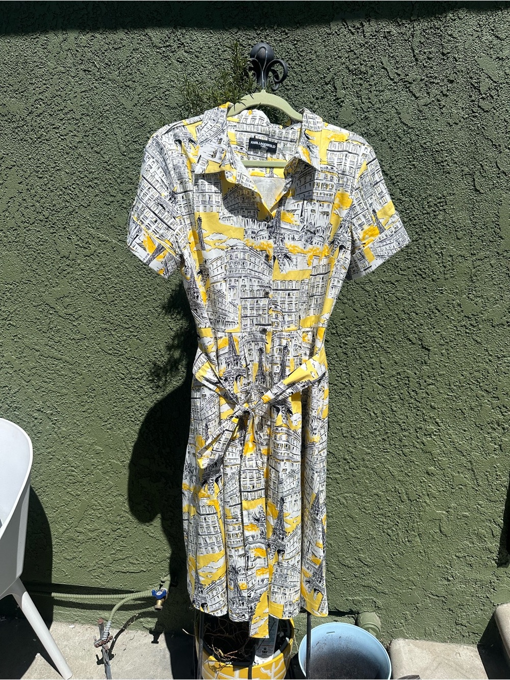 Karl Lagerfeld Yellow and White Printed Shirt Midi Dress with Tie Waist